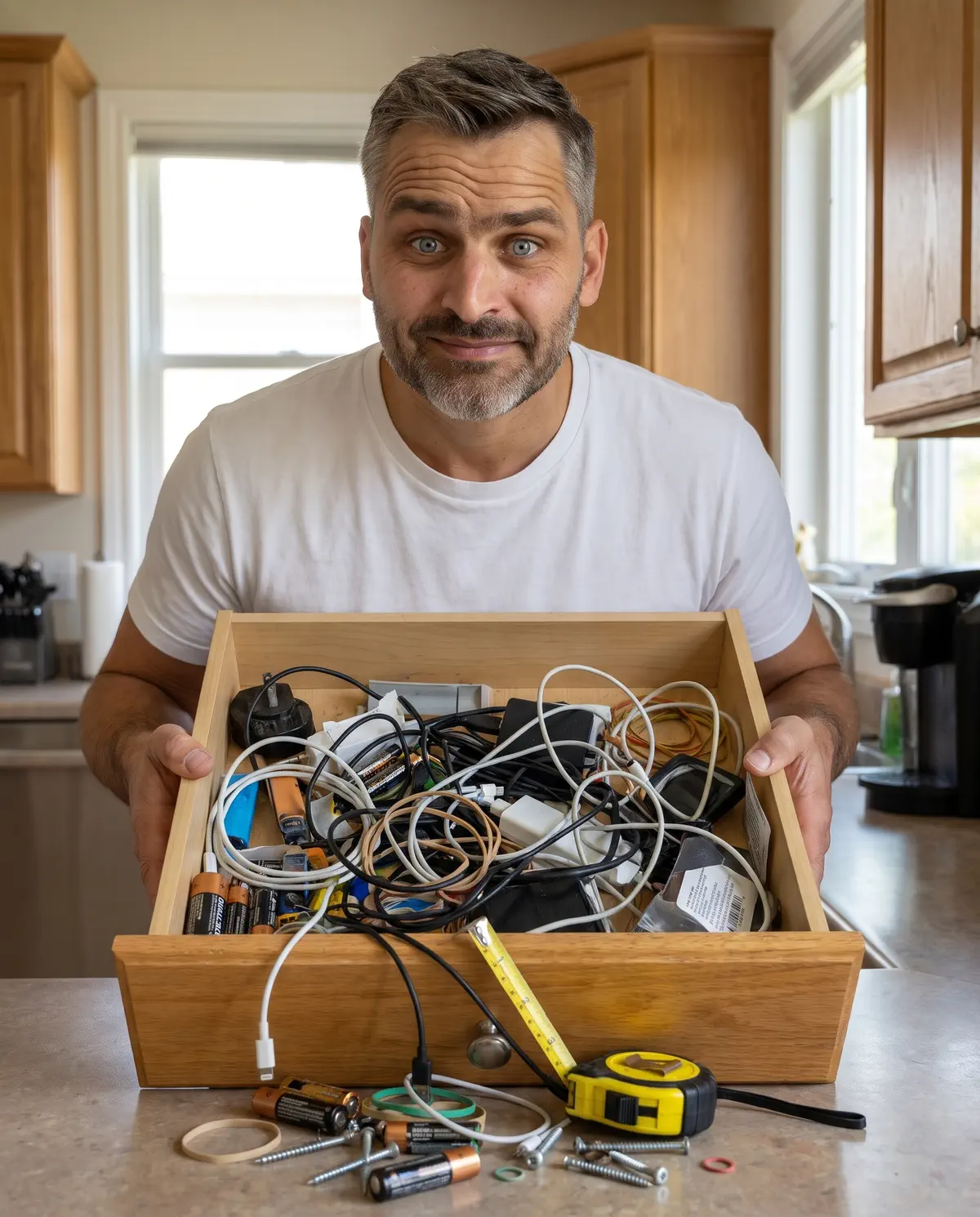 KI-generiertes Bild, fiktive Szene: Ben Sortier mit einer Schublade voller Kabel